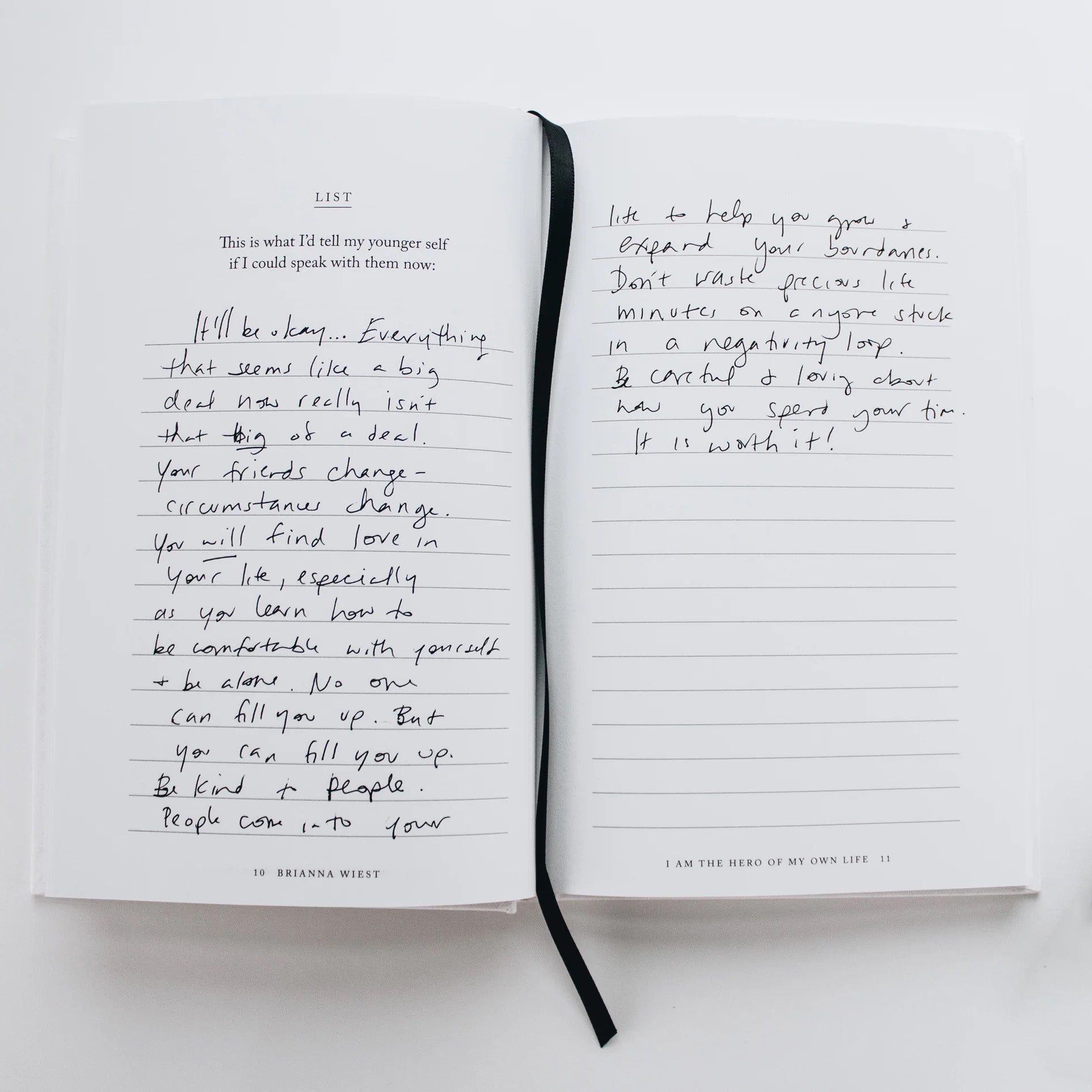 Preview of pages filled out in I Am The Hero Of My Own Life self-guided journal by Brianna Wiest. Author of international bestseller 101 Essays That Will Change The Way You Think.