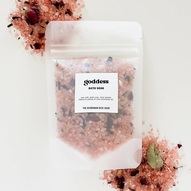 Goddess Bath Salts made from sea salt, pink clay, rose petals, hibiscus petals and rose essential oil. All natural ingredients made in USA. Ideal for wanting to feel refreshed and rejuvenated.