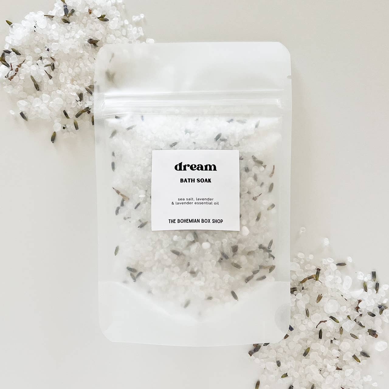 Calming lavender bath salts made in USA by The Bohemian Box Shop. All natural ingredients. Helps to calm and comfort you in times of stress.